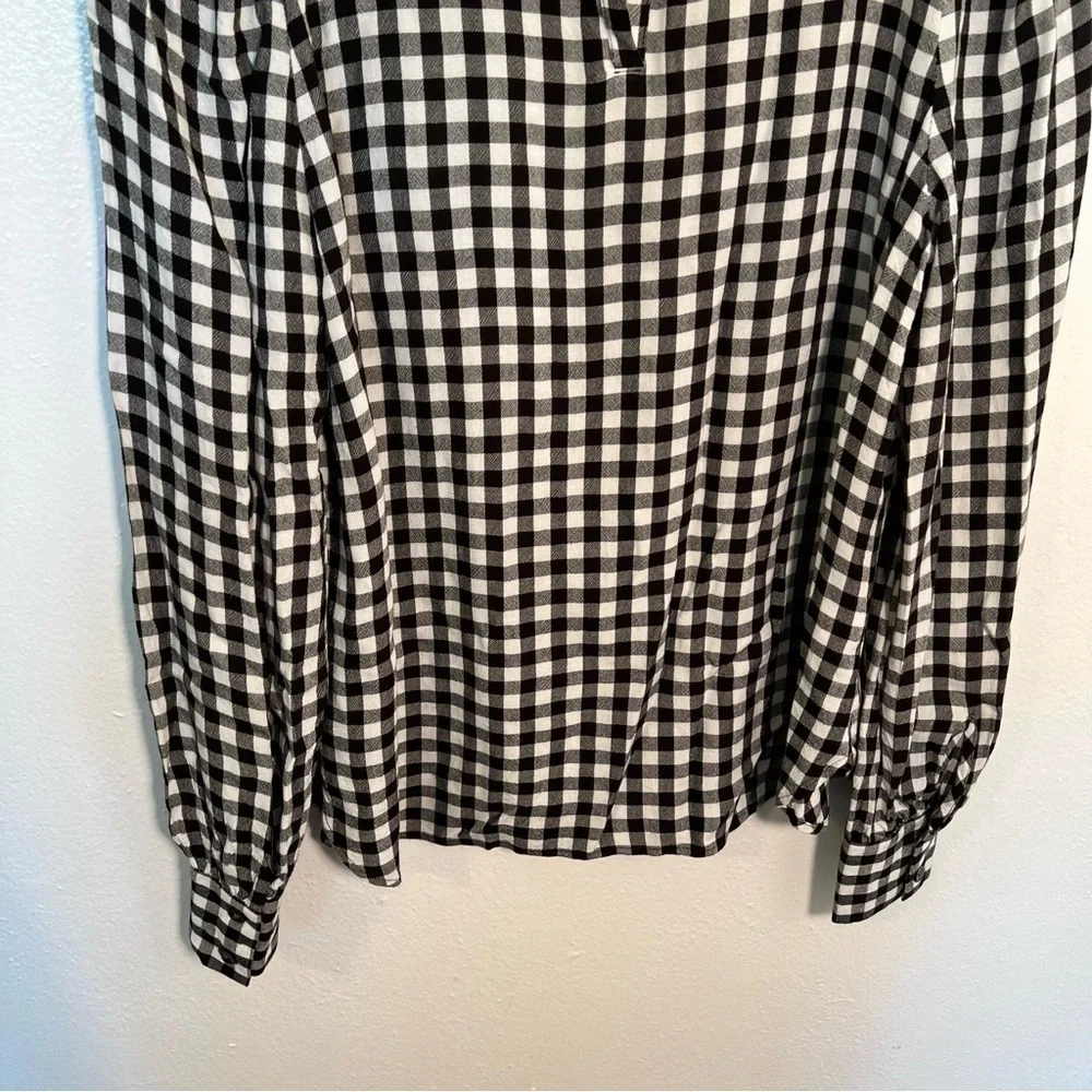 Loft Women's Size XS Blouse Long Puff Sleeve Black White Gingham Crewneck 552579